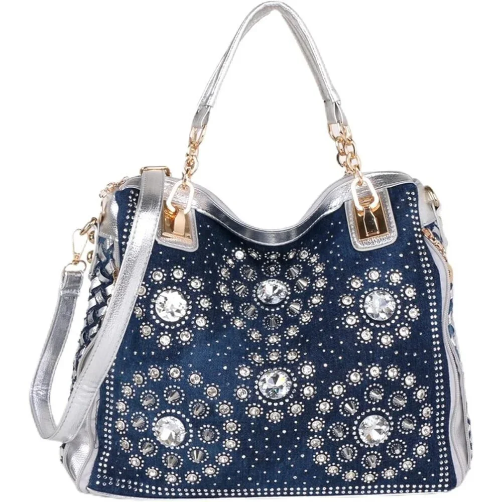 Women's Denim Crossbody Bag Rhinestone Large Purse for Casual and Formal Wear